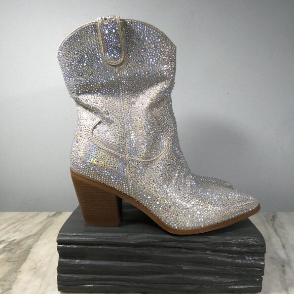 SPARKLING Western Rhinestone Cowboy Boots Block Heel Pointed Toe 10.5 - Picture 6 of 16